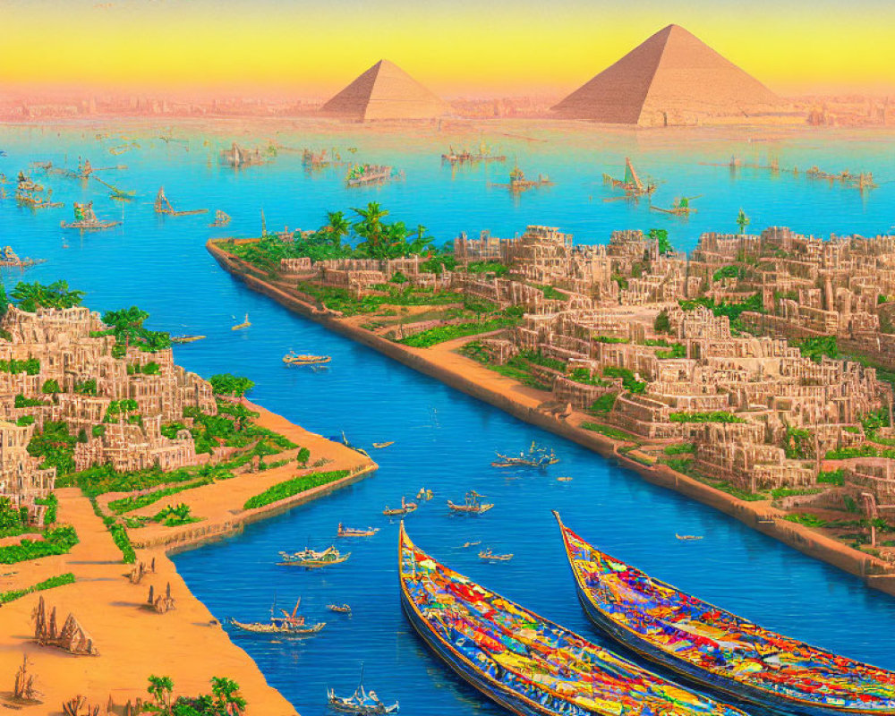 Colorful Nile River scene with traditional boats, cityscape, and pyramids at sunset
