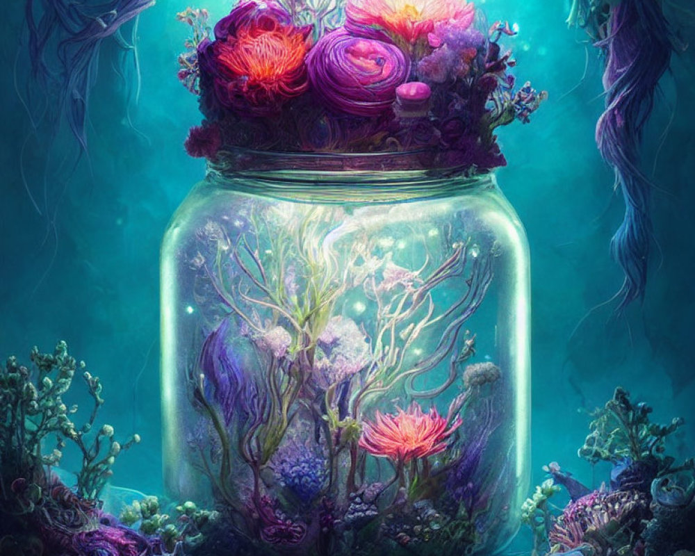 Vibrant underwater-themed illustration with fantastical flora and coral