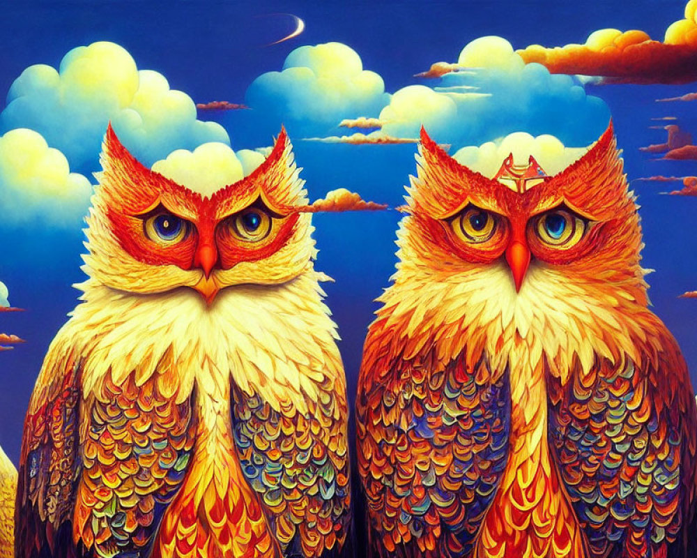 Vibrantly colored stylized owls against surreal sky landscape