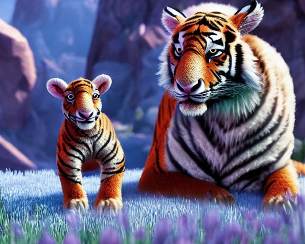 Realistic animated image of adult tiger and cub in purple flower field.