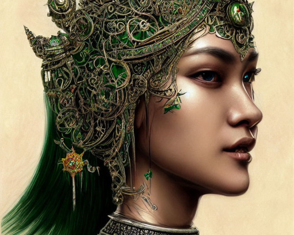 Portrait of a person in ornate green and gold attire with jewel-adorned headgear.