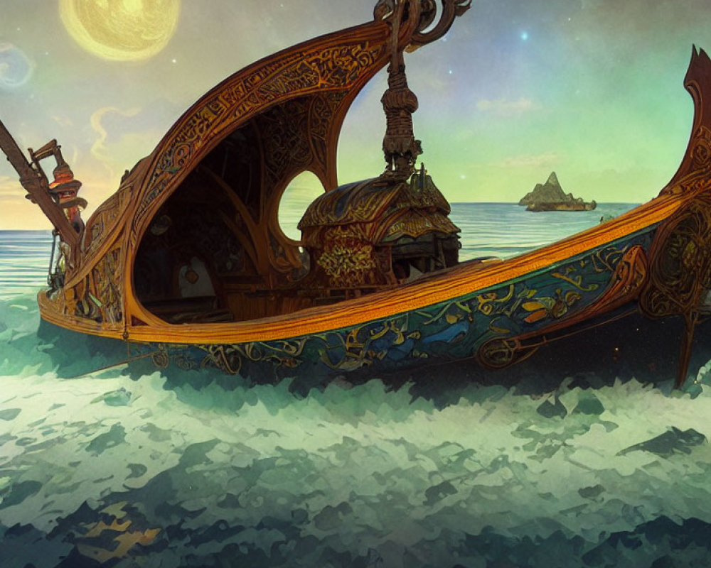 Intricately designed boat on stormy seas under dual moons