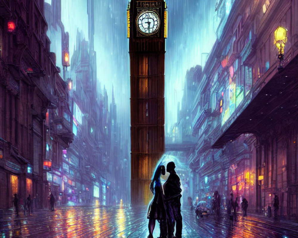 Nighttime couple embracing in rain-soaked street under Big Ben lights