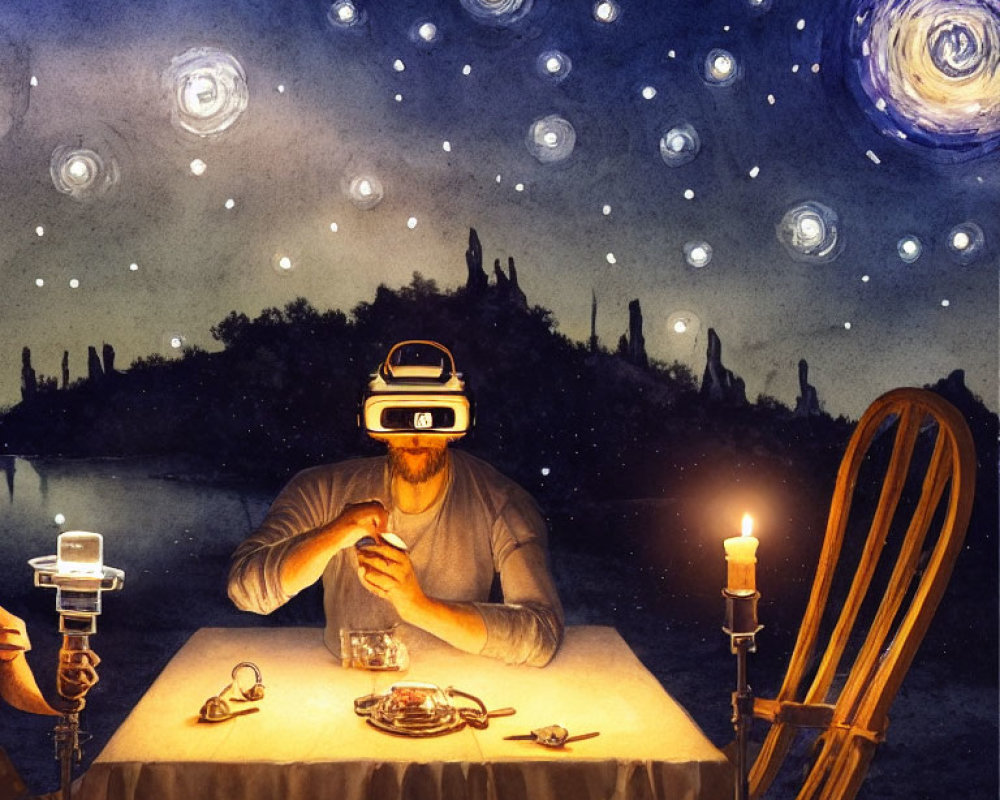 Person in VR headset at table under starry, Van Gogh-inspired night sky