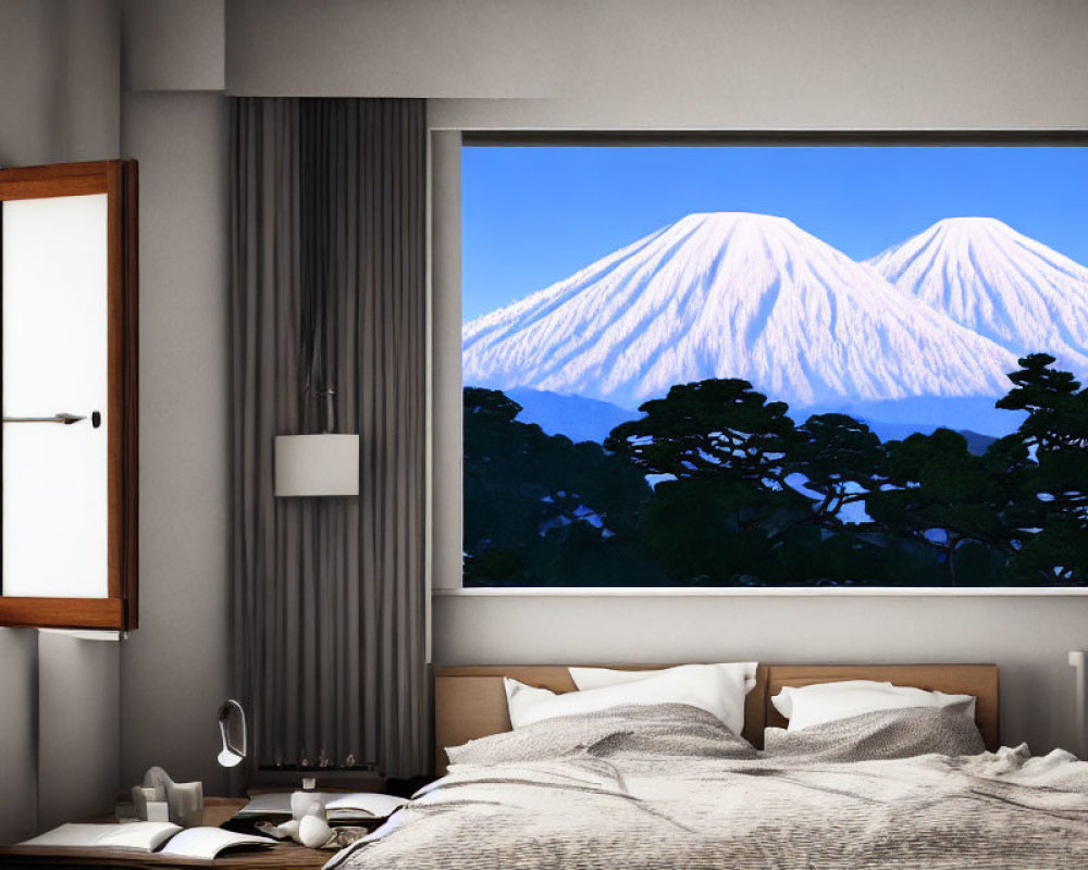 Modern Bedroom with Open Window, Large Bed, and Snow-Capped Mountain View