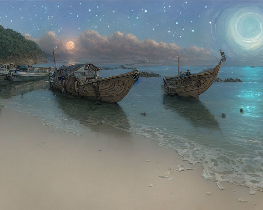Surreal starry sky with boats on tranquil beach