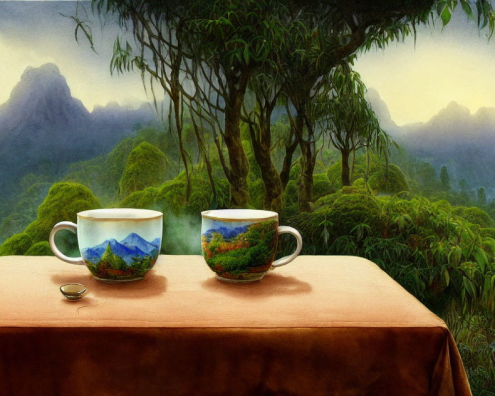 Mountain landscape design cups on table with forested mountain backdrop