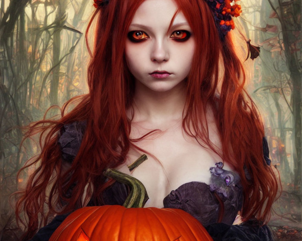 Red-haired woman with floral headpiece holding carved pumpkin in misty forest.