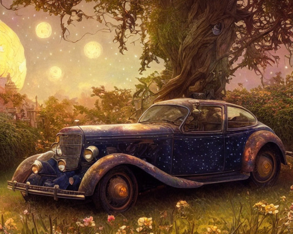 Vintage car with night sky paint job parked in meadow with moonlit sky.