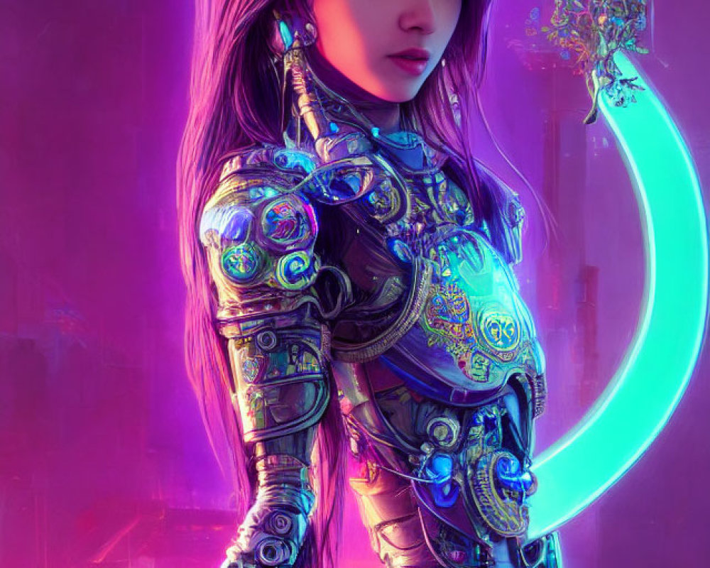 Futuristic digital art: Woman in cybernetic armor with purple hair holding glowing object
