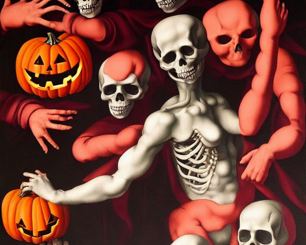 Muscular skeleton with red limbs and pumpkin heads in Halloween scene.