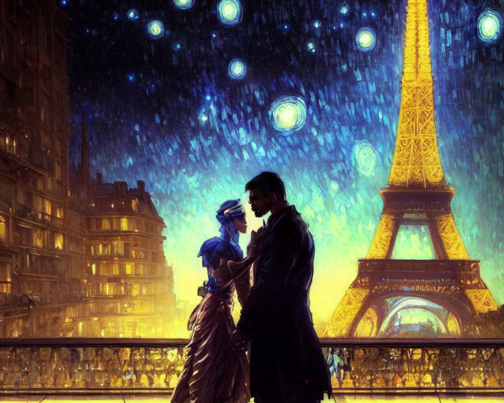 Romantic couple under starry UFO-filled sky with Eiffel Tower in background