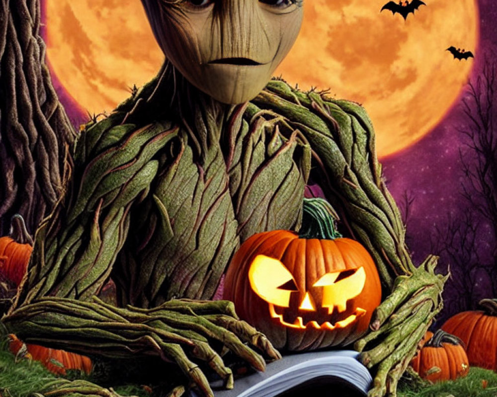 Groot holding carved pumpkin in Halloween setting with full moon & bats