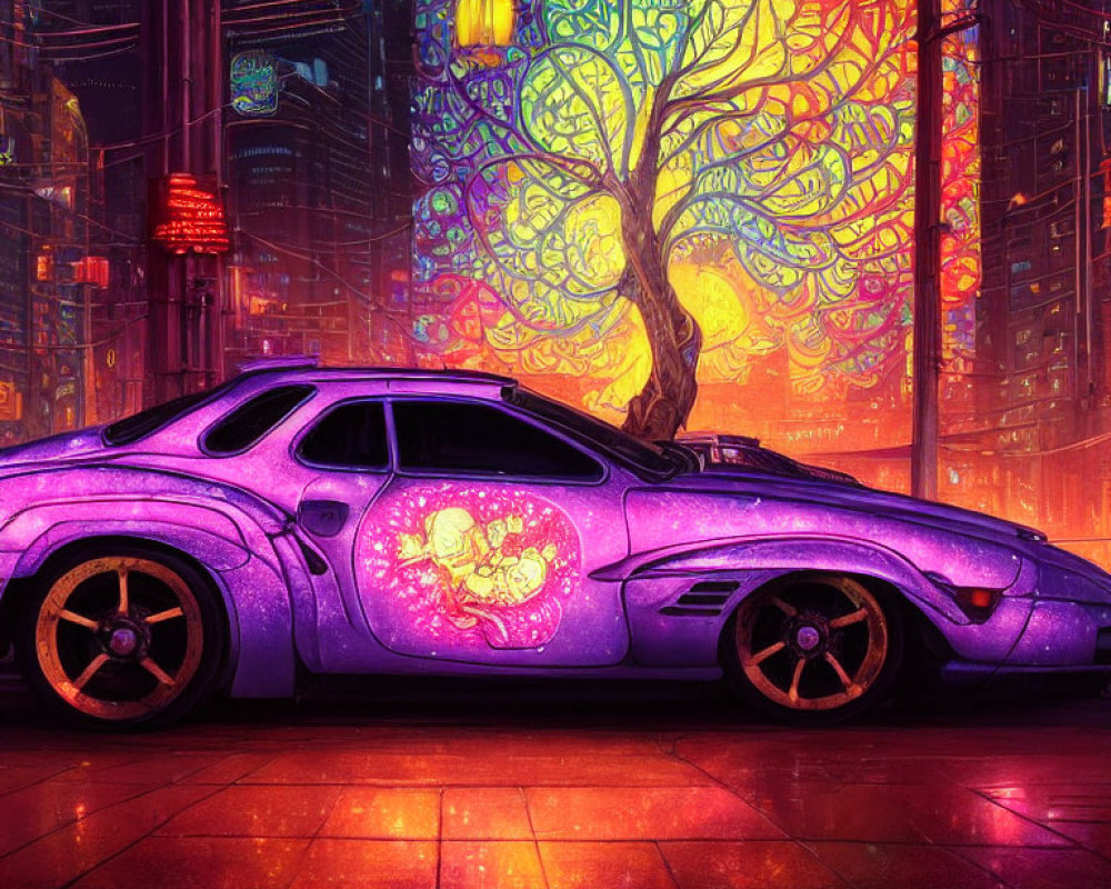 Neon-illuminated purple car on futuristic city street