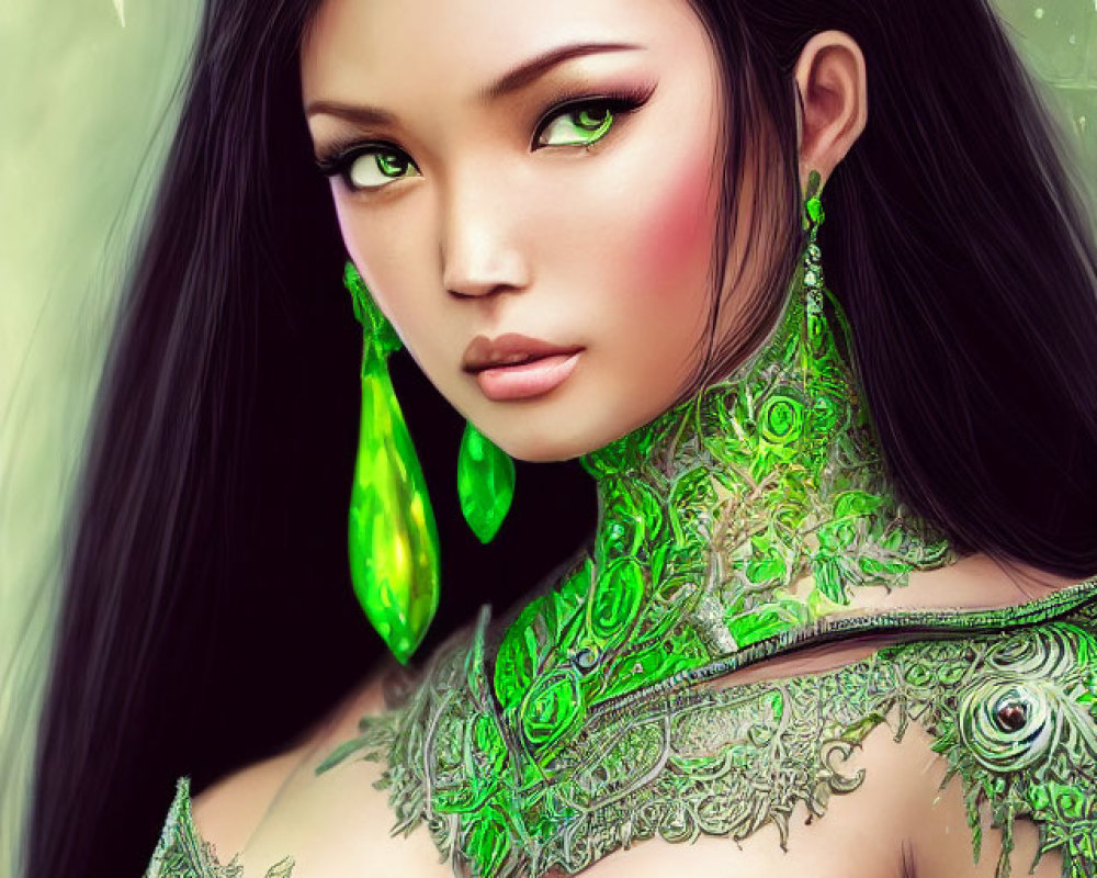 Digital Artwork: Woman with Striking Green Eyes and Ornate Green Clothing