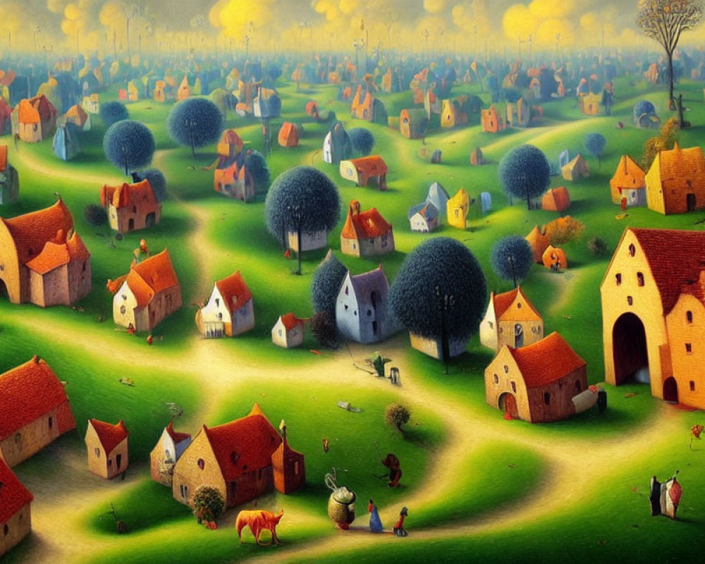 Colorful Stylized Houses in Surreal Landscape with Figures and Animals