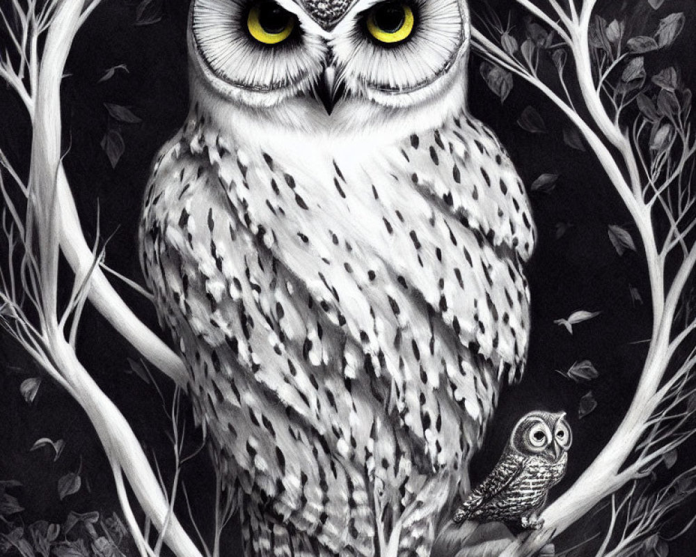Detailed monochromatic owl illustration on branch with smaller owl in foliage