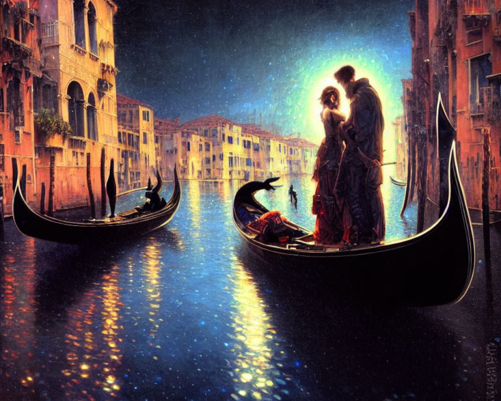 Romantic artwork: Couple embracing on Venice gondola at night