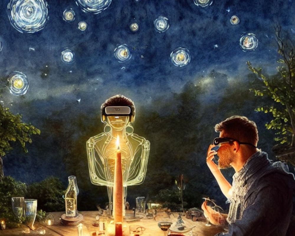 Man in VR glasses at candlelit table with robotic figure under Van Gogh-style night sky