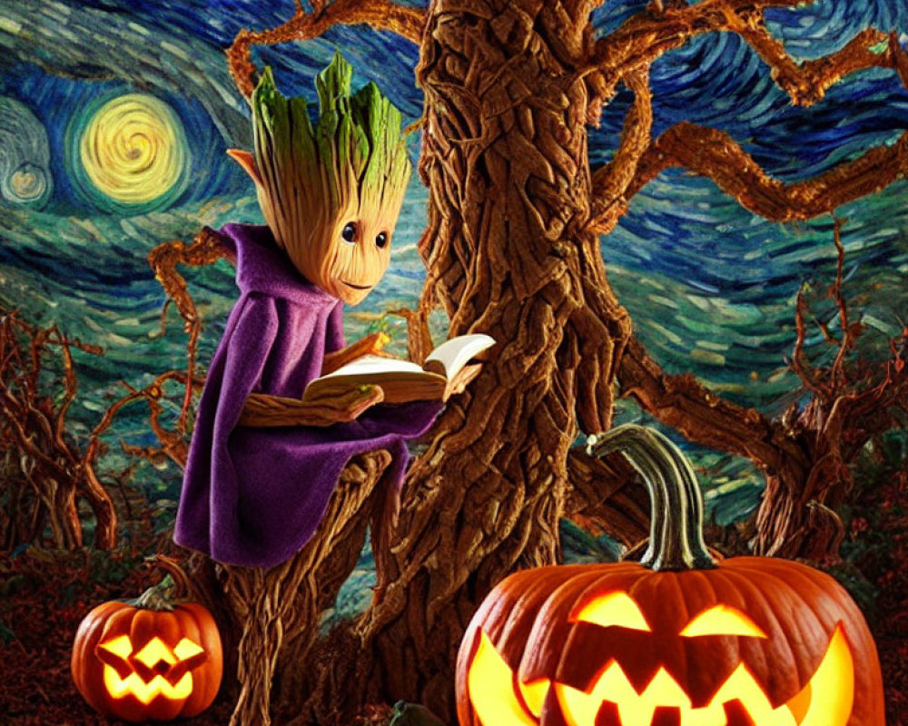 Whimsical Baby Groot-like character in purple cloak reading book with jack-o'-lanterns