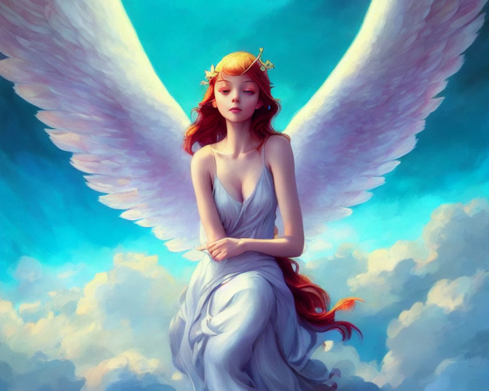 Red-haired angel with white wings in flowing gown under blue sky