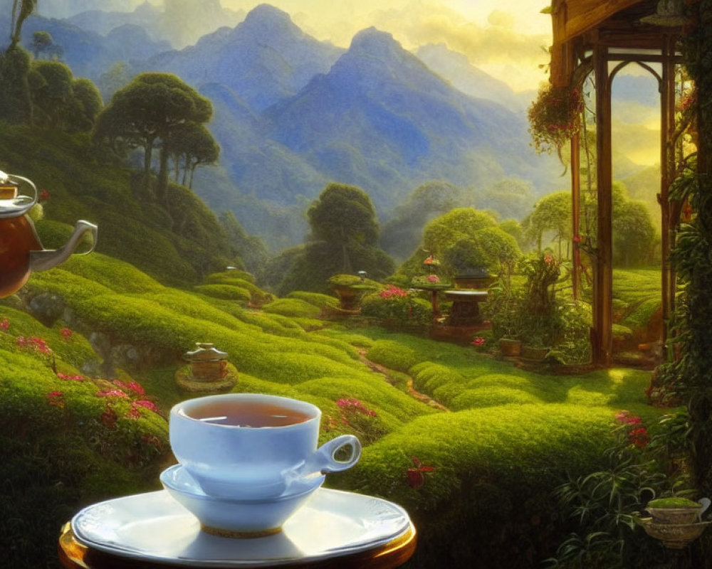 Tranquil tea plantation scene with mountains and cup of tea