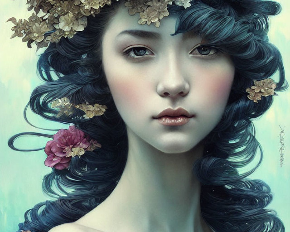 Digital artwork: Woman with floral crown in dark hair on blue background