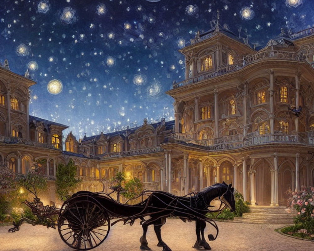 Horse-drawn carriage outside opulent mansion under starry, Van Gogh-inspired sky