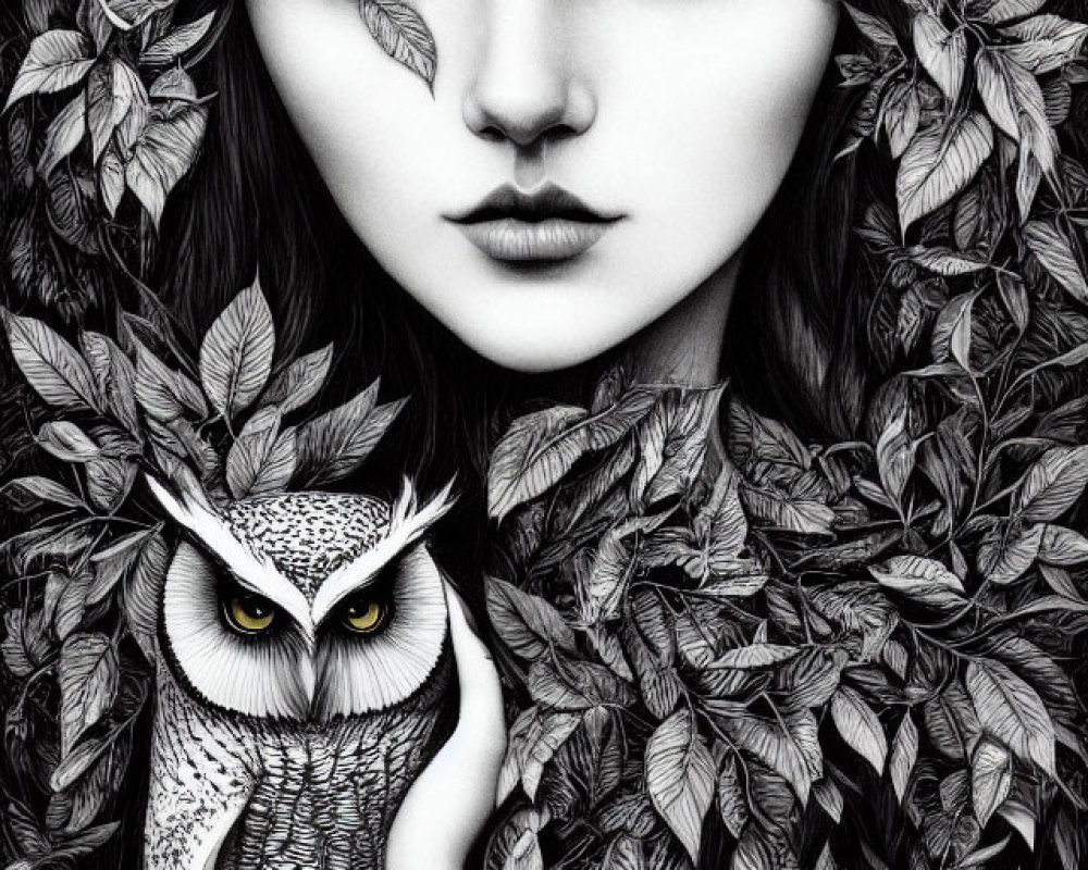 Detailed monochrome image of woman with owl and leaves