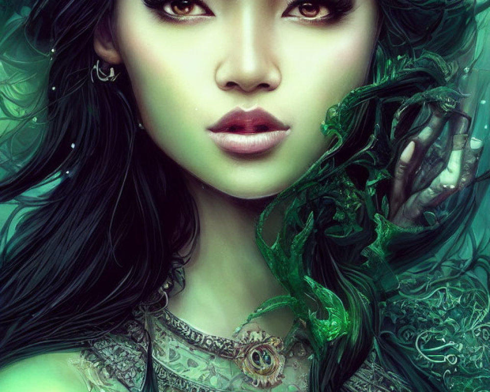 Intricate jewelry and crown on illustrated woman with intense eyes and swirling green motifs