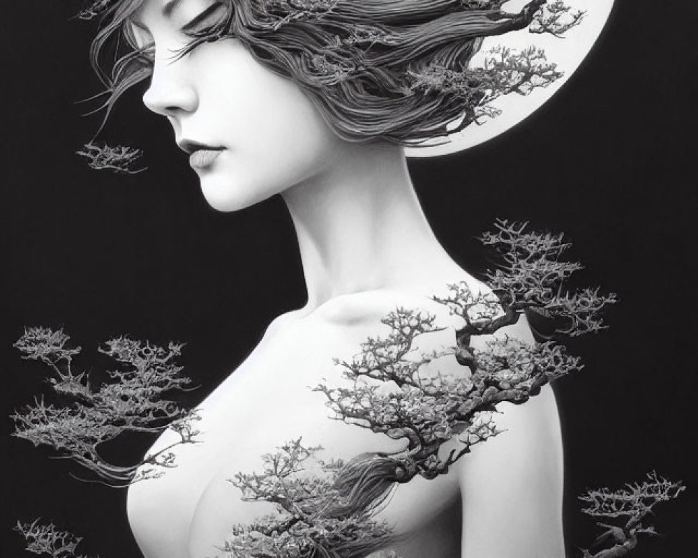 Monochromatic woman illustration with tree branches integrated into hair and body