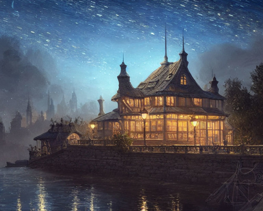 Nighttime waterfront house with city skyline and starlit sky