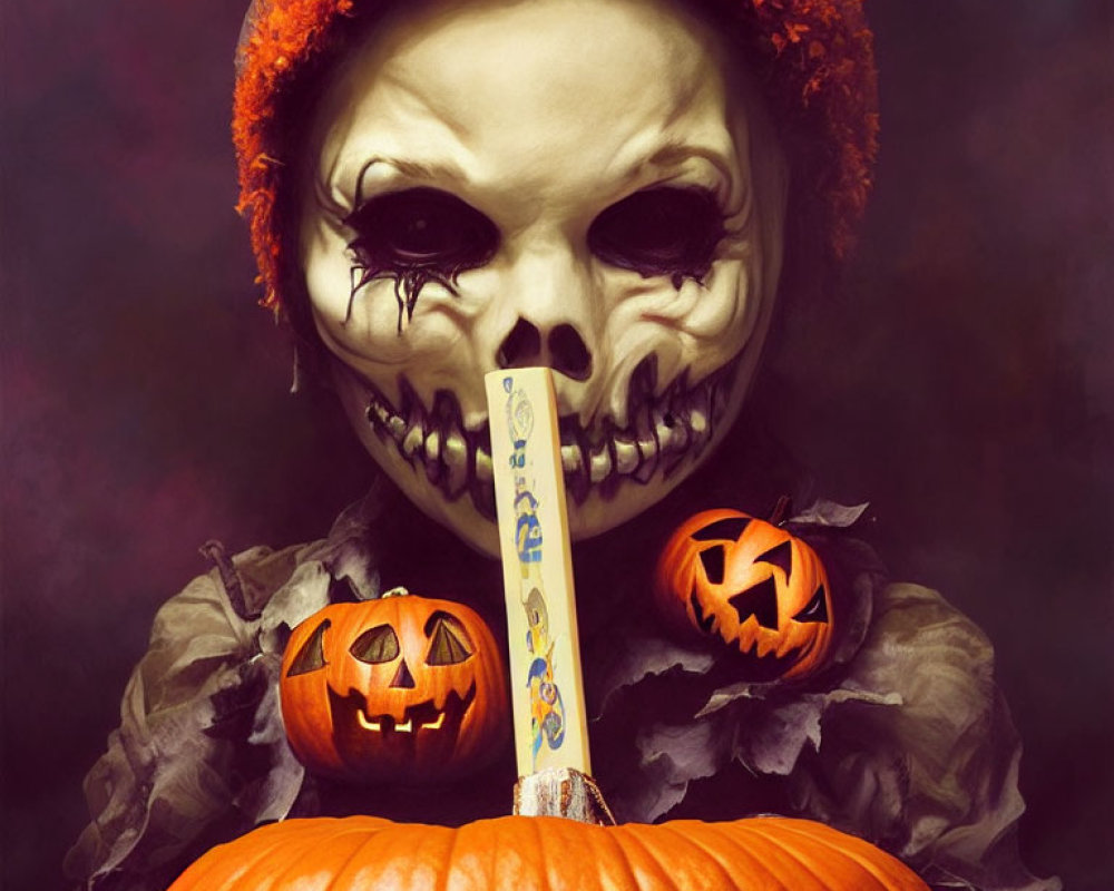 Skull makeup figure in orange beret with lollipop, Halloween theme