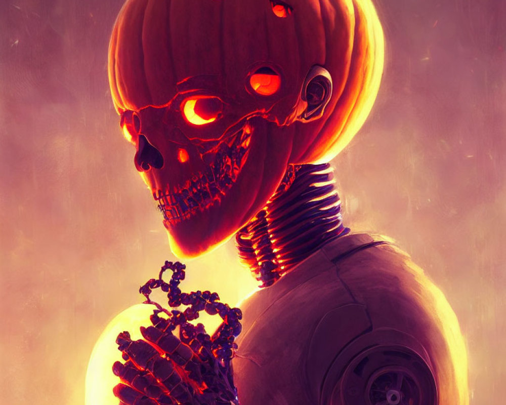 Stylized robotic skull figure with pumpkin head and glowing eyes holding intricate patterned sphere