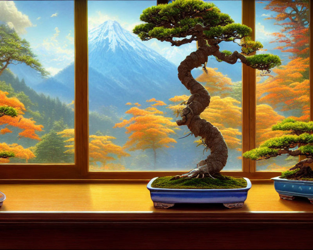Bonsai Trees on Windowsill Overlooking Mount Fuji and Autumn Trees