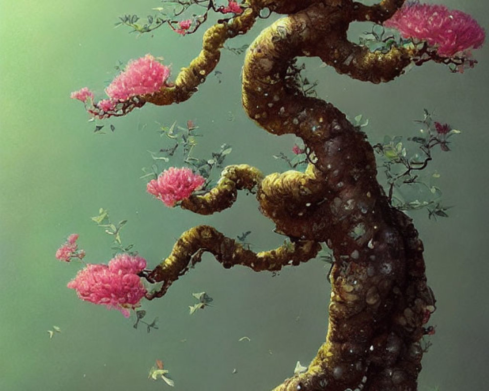 Illustration: Twisting bonsai tree with pink flowers in pot, greenish background with floating petals