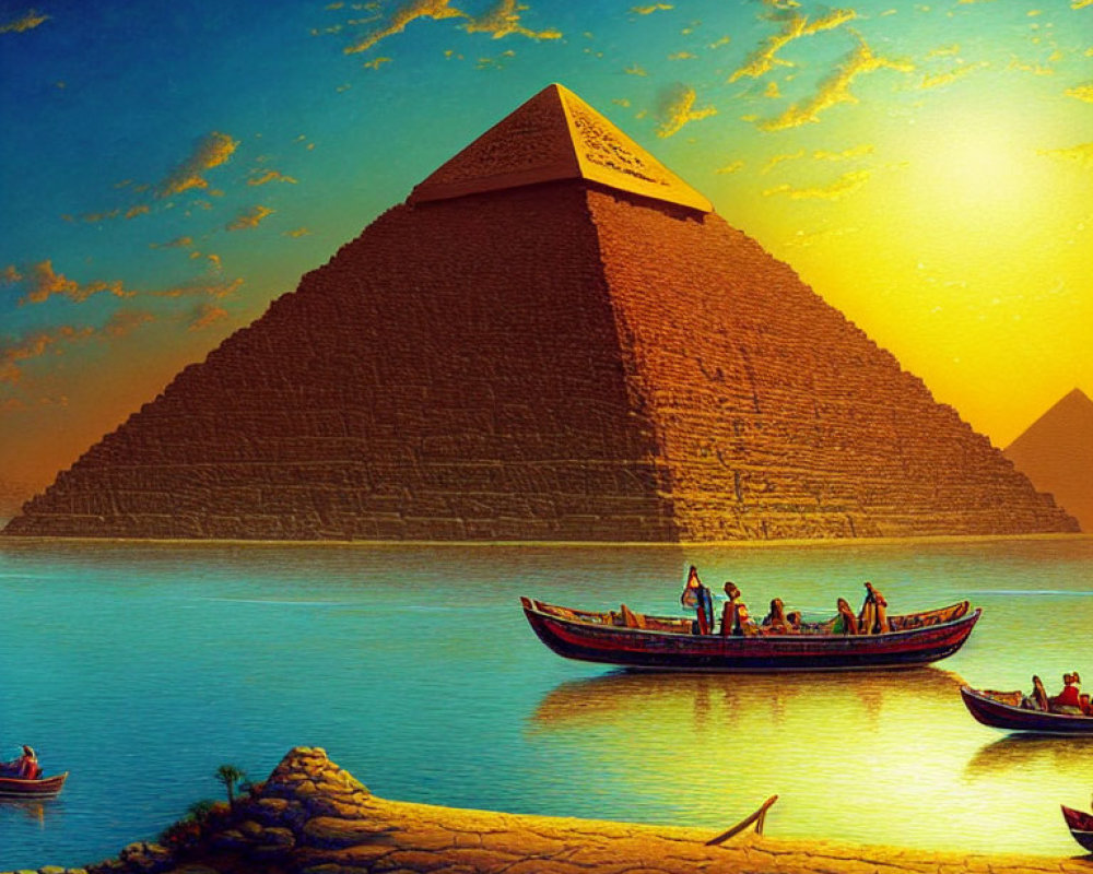 Vivid sunset sky over Great Pyramid of Giza with boats on Nile River