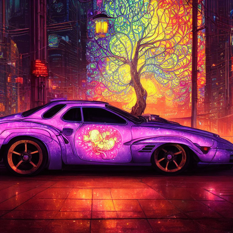 Neon-illuminated purple car on futuristic city street