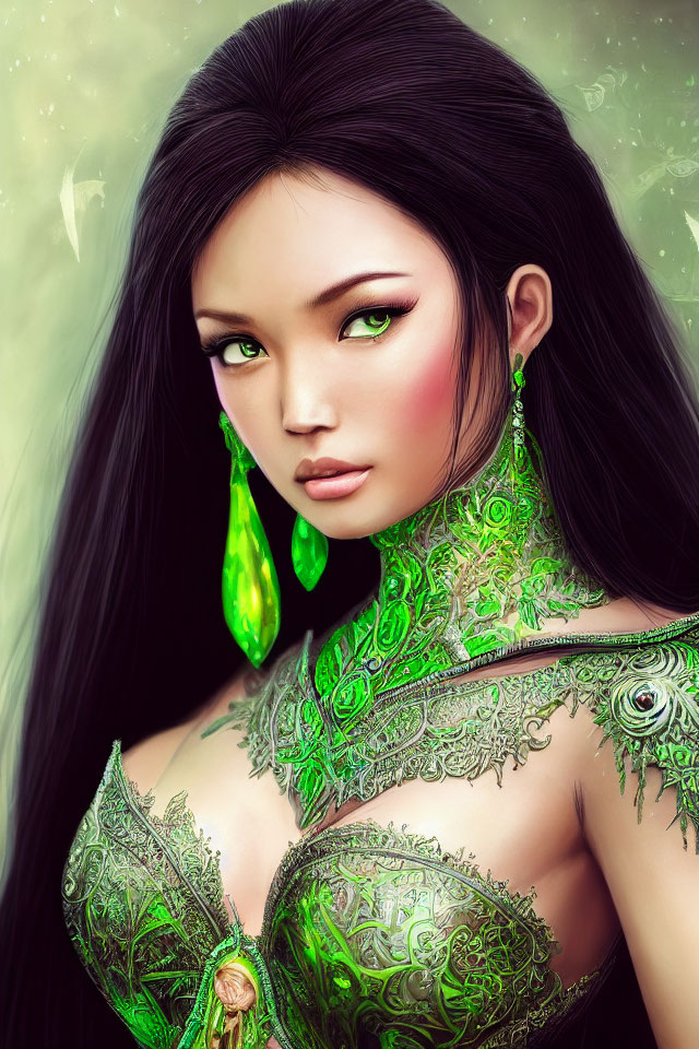 Digital Artwork: Woman with Striking Green Eyes and Ornate Green Clothing