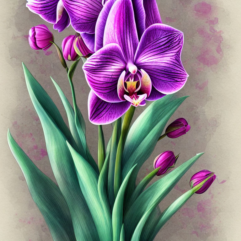 Colorful purple orchid illustration on textured taupe background