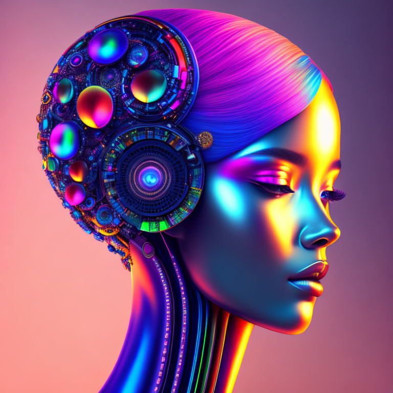 Colorful digital artwork: Female figure with cybernetic head & intricate mechanical details