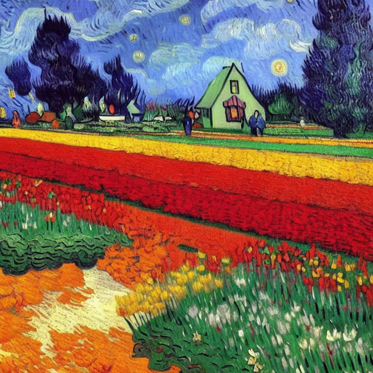 Colorful Countryside Scene with Flower Fields and Quaint House