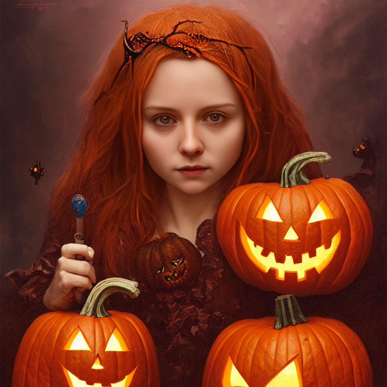 Young girl with red hair holding blue lollipop in Halloween setting