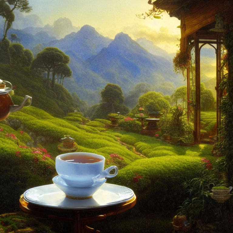 Tranquil tea plantation scene with mountains and cup of tea