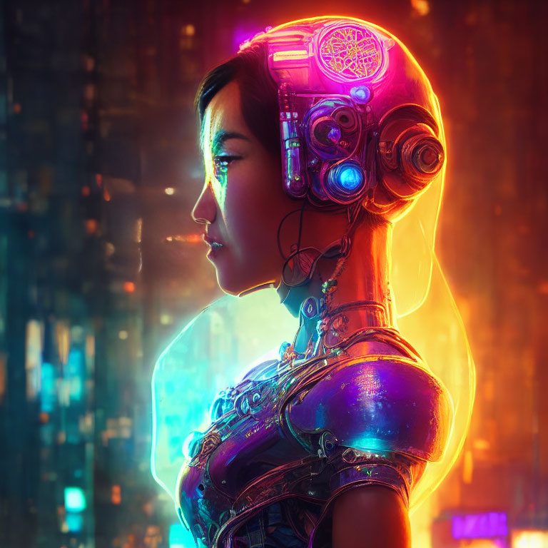 Female cyborg with exposed mechanical brain in futuristic cityscape.