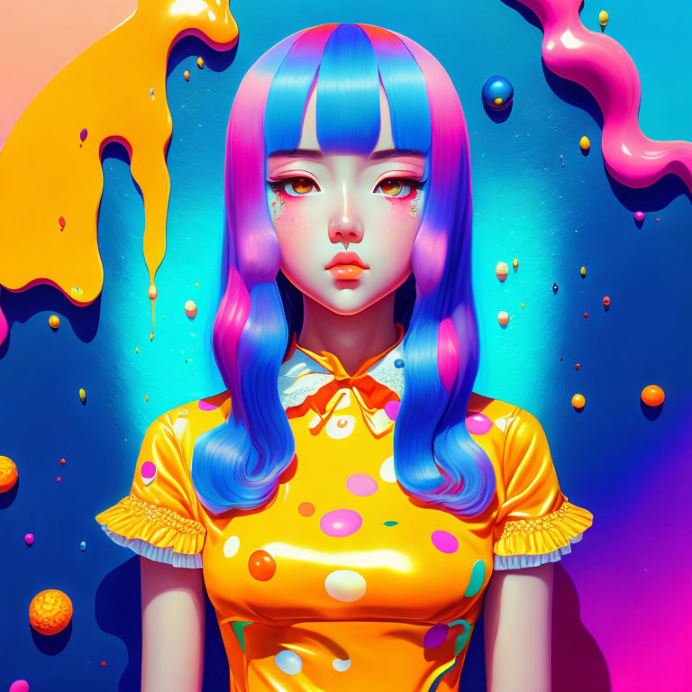 Vibrant illustration of girl with blue and pink hair in yellow outfit surrounded by colorful droplets on