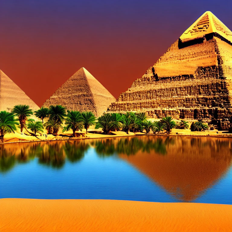 Ancient Pyramids of Giza near Oasis and Palm Trees