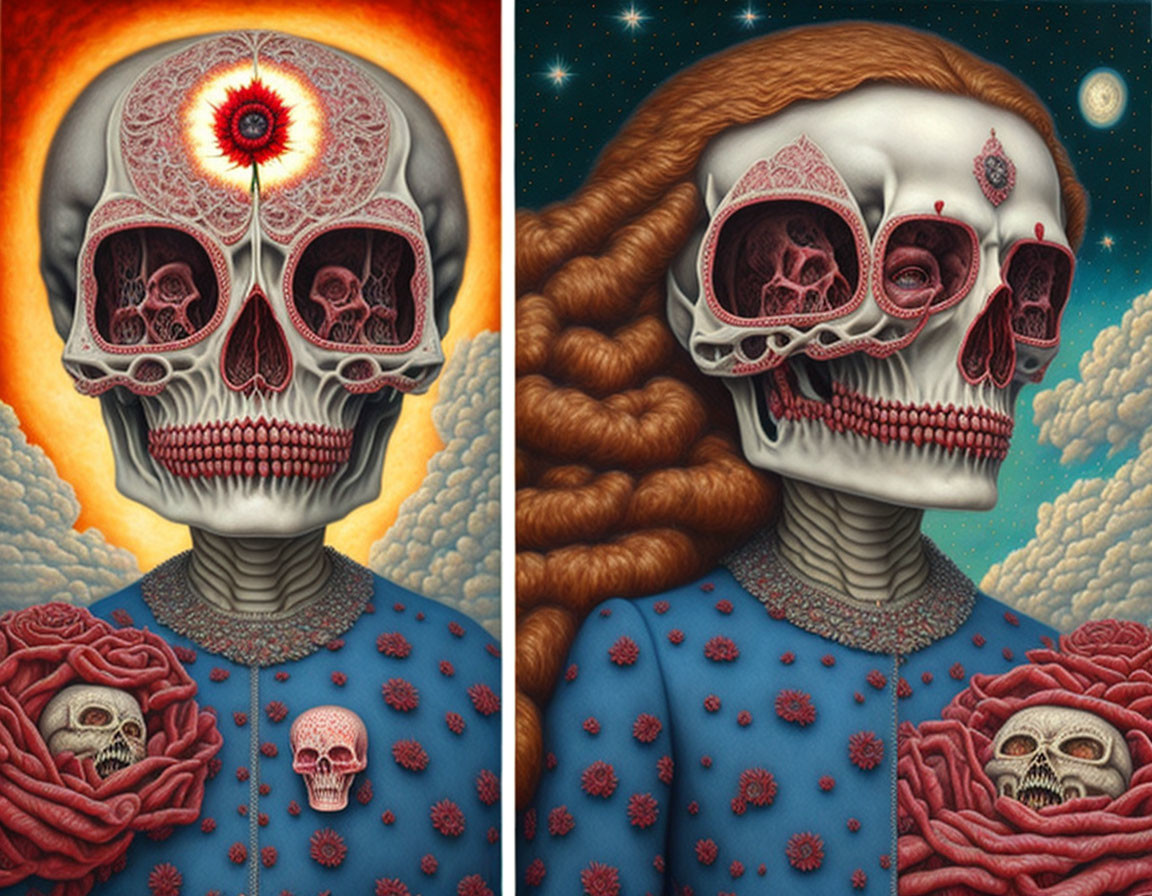 Surreal Artwork: Skulls, Cosmic Backgrounds, Intricate Patterns, Skull Flower