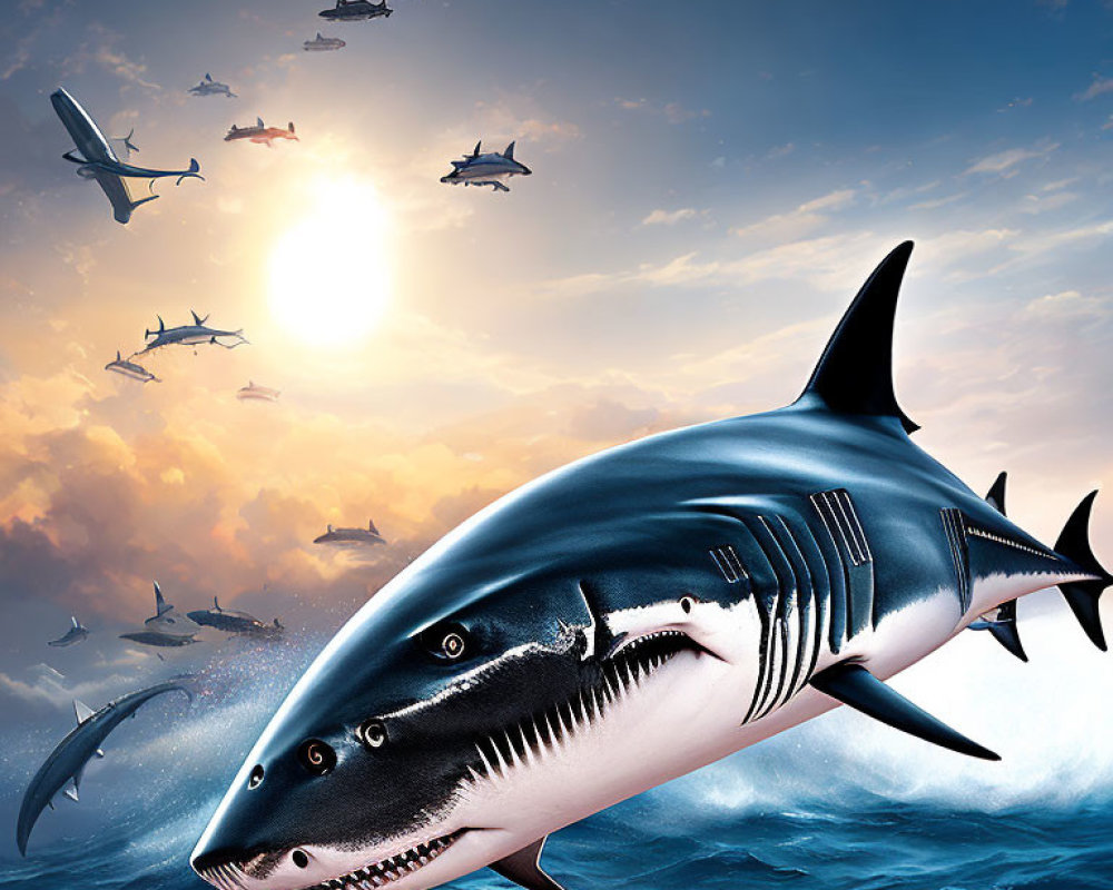 Giant shark leaping from ocean with helicopters against sunset backdrop