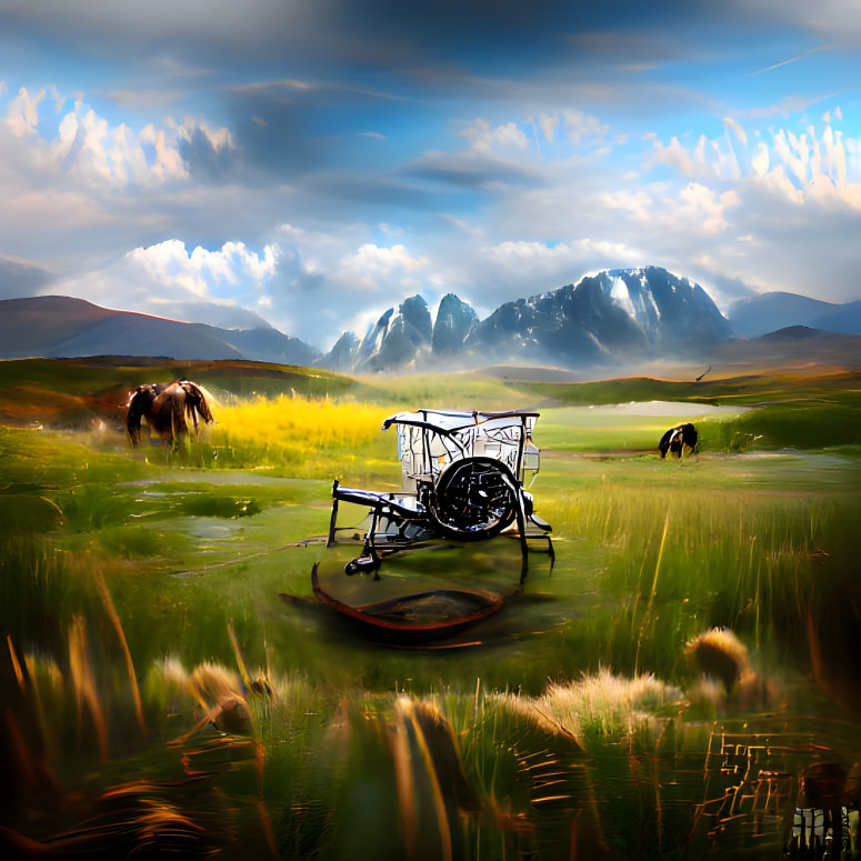 Broken cart and horses